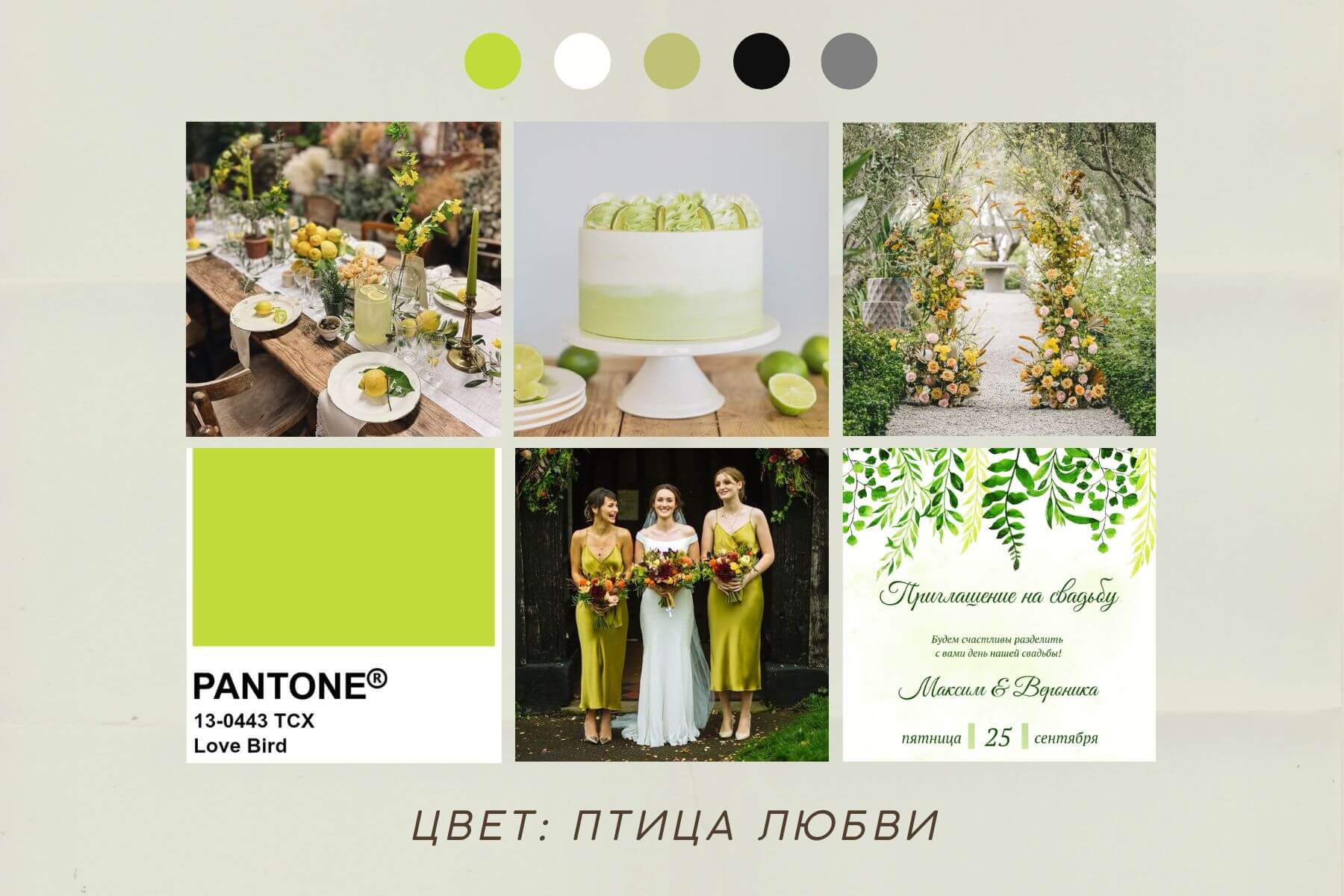 Салатовая свадьба и салатовые приглашения на свадьбу, цвет Love Bird